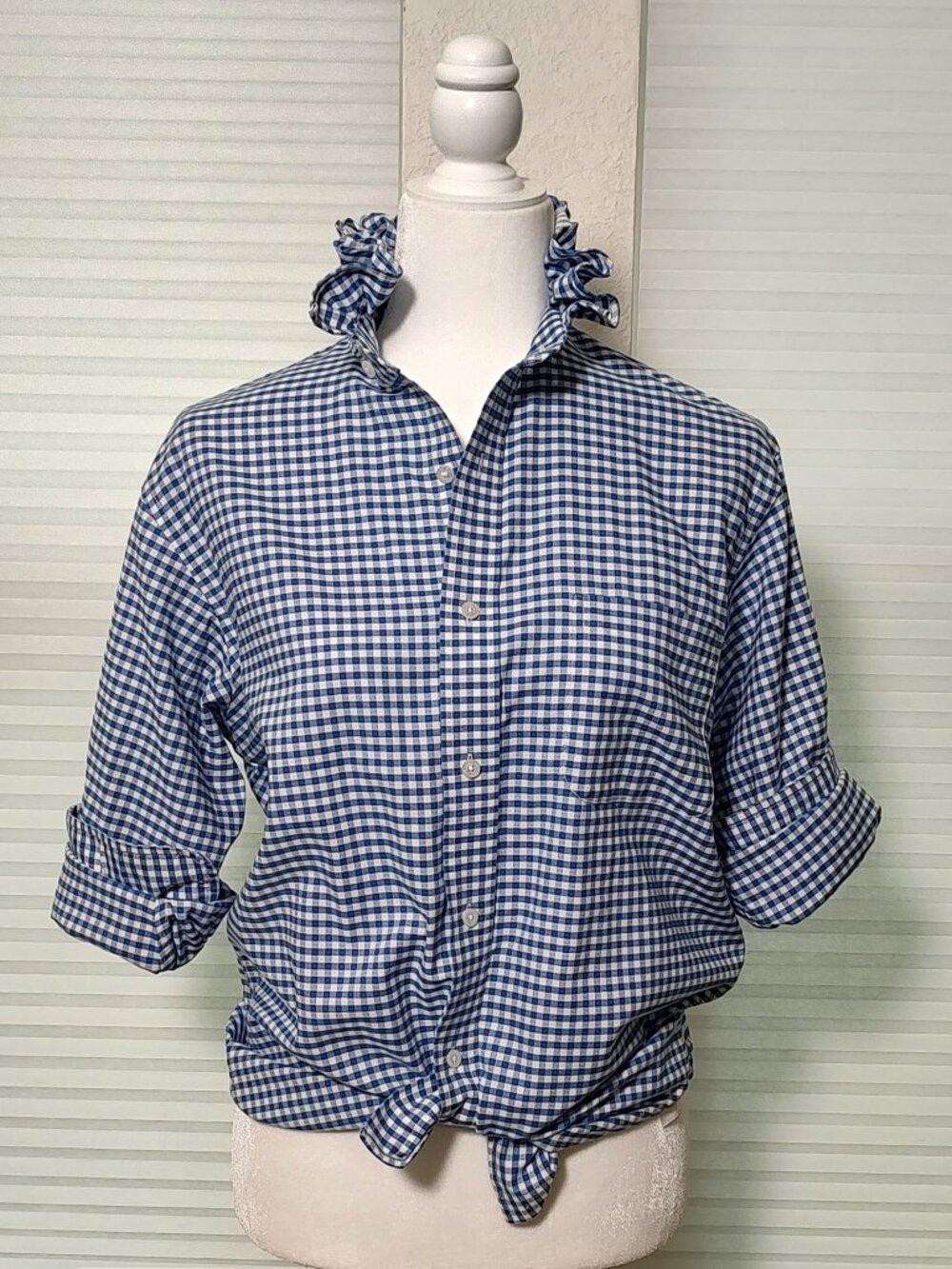 Women's Blue and White Gingham Ruffle-Collar Shirt